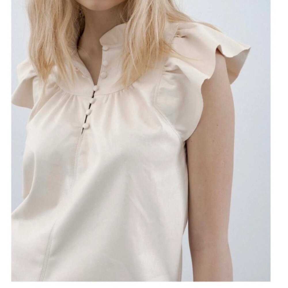 MELISSA NEPTON Safir Faux Leather Top With A Ruffle Sleeve Cream NWOT Large
